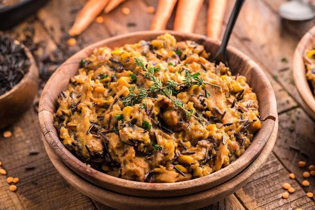 A bowl of wild rice and carrots on a wooden table, perfect for incorporating in leftover turkey recipes.