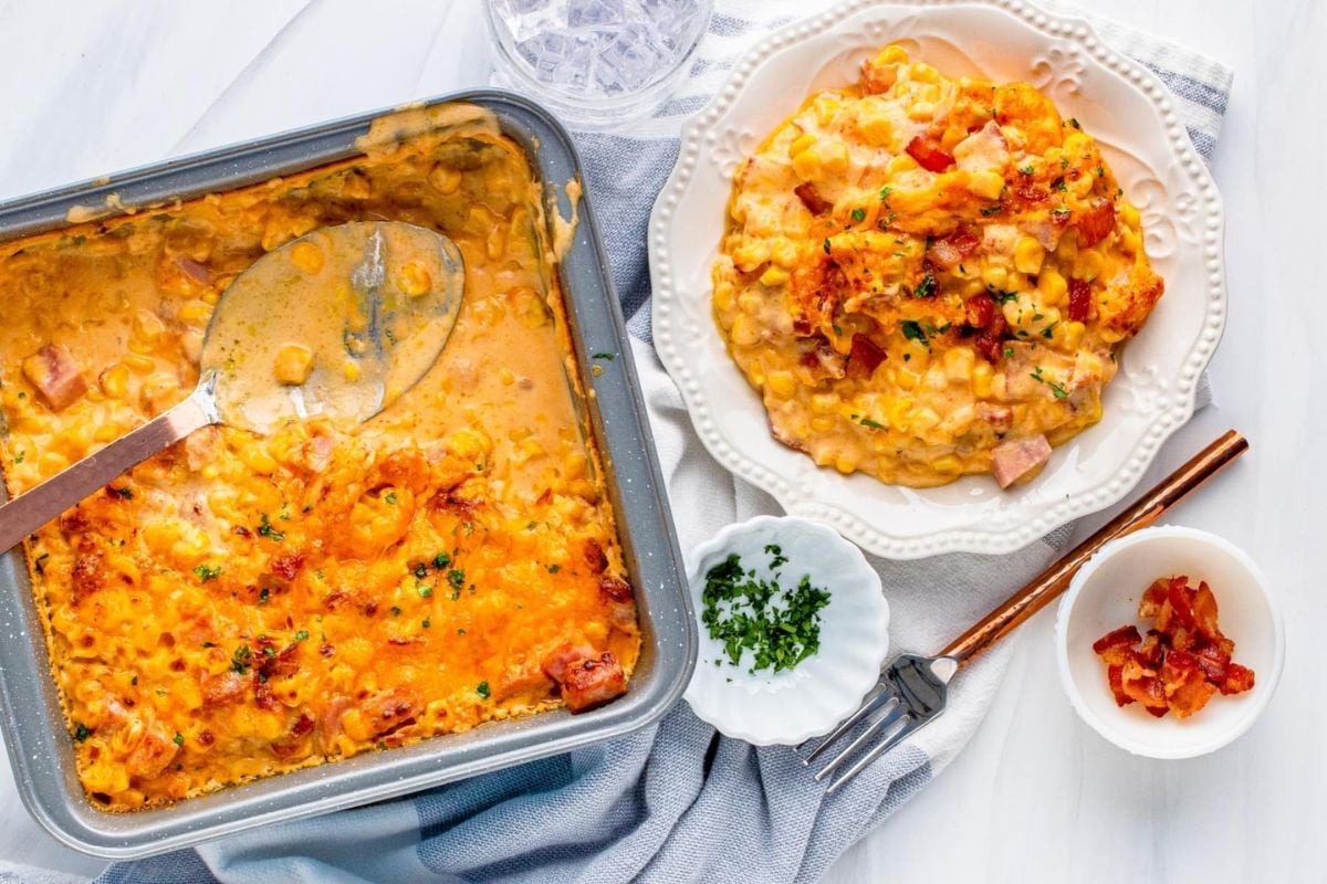 Cream Cheese Corn Casserole With Bacon And Ham. 