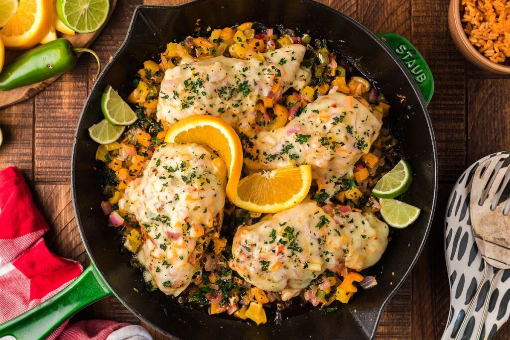 Cheesy Baja Chicken and Bell Pepper Skillet.