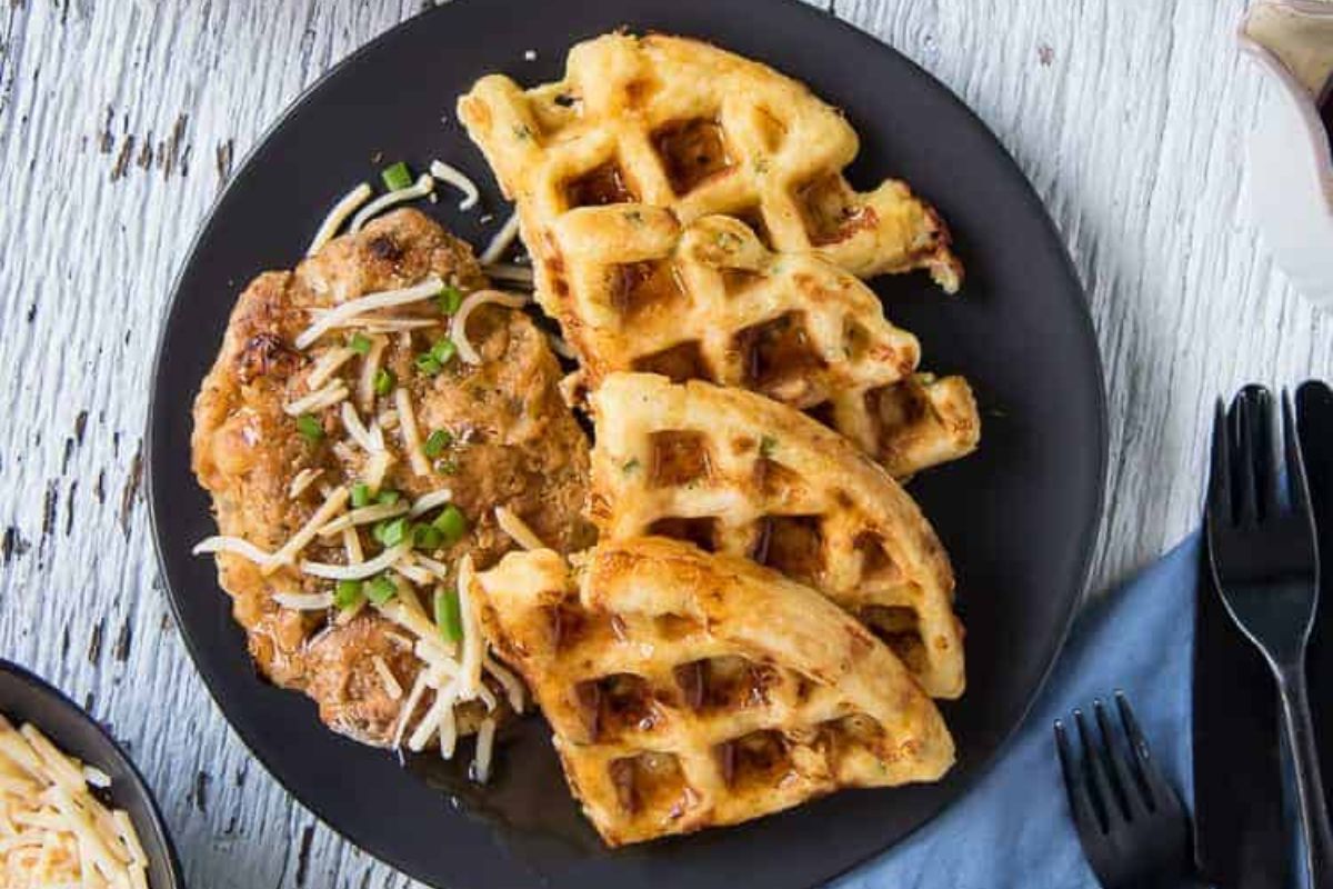 Cheesy Hot Chicken and Waffles.