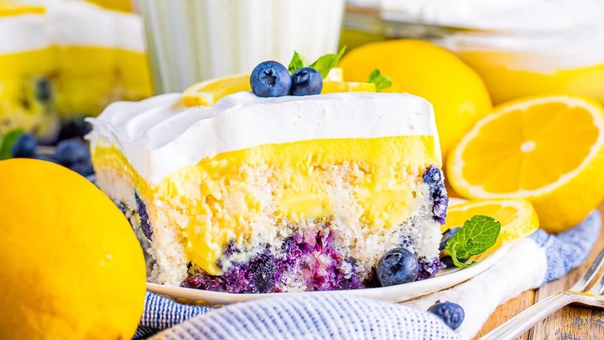 Easy Blueberry Lemon Poke Cake (with Lemon Pudding).
