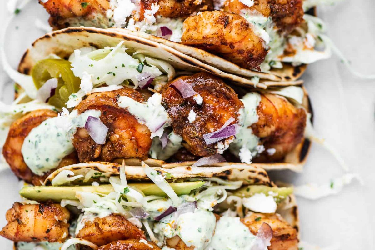 Shrimp Tacos With Pickled Jalapeño Slaw.