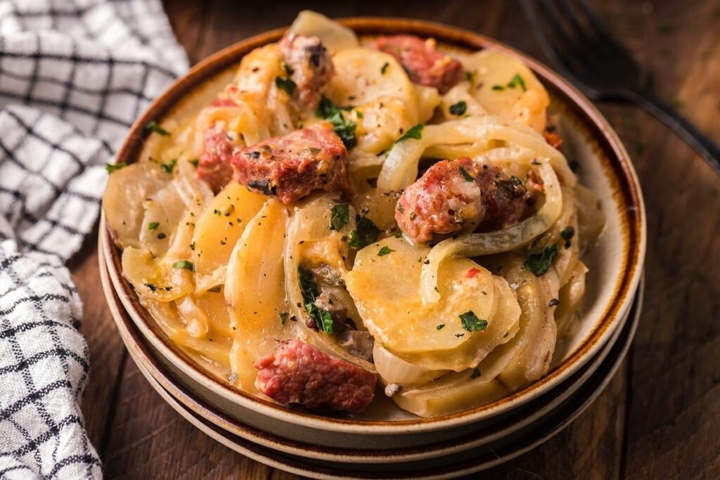 Slow Cooker Corned Beef Hash Au Gratin.