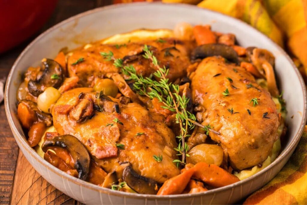 Chicken Braised in Red Wine.