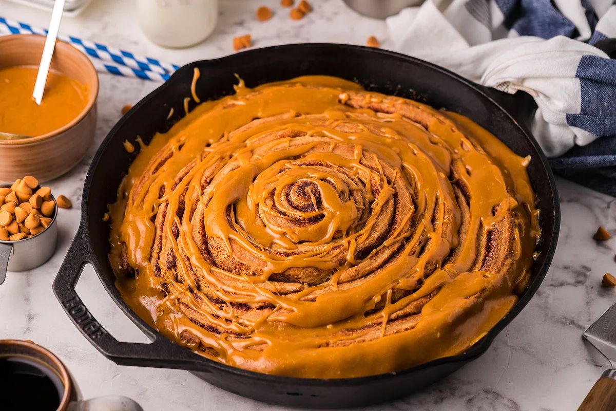 Giant Maple Cinnamon Roll Cake with Butterscotch Glaze.