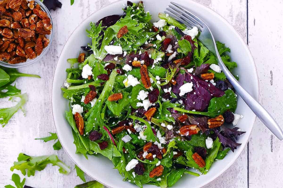 Goat Cheese, Cranberry, + Pecan Mixed Green Salad. 