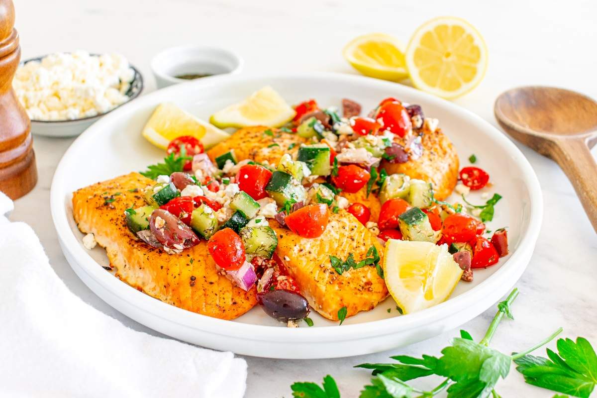 Baked Salmon With Greek Salsa.