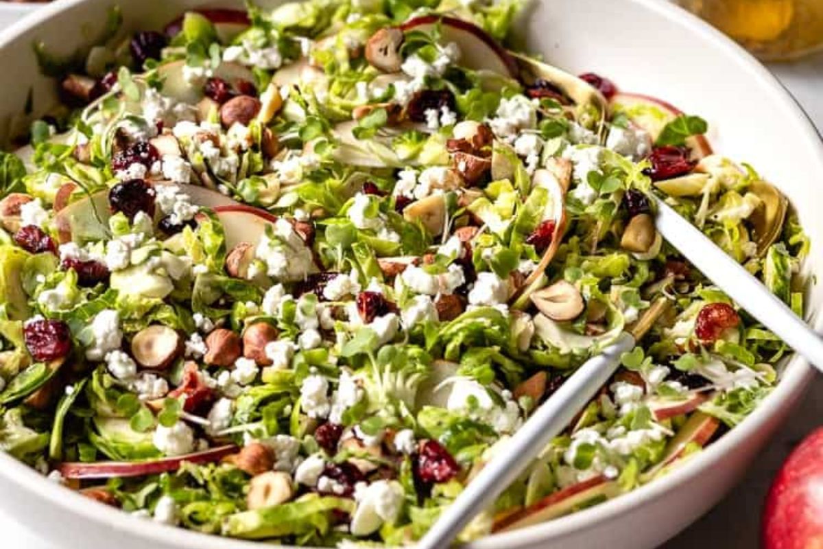 Shaved Brussel Sprout Salad with Apples and Goat Cheese.