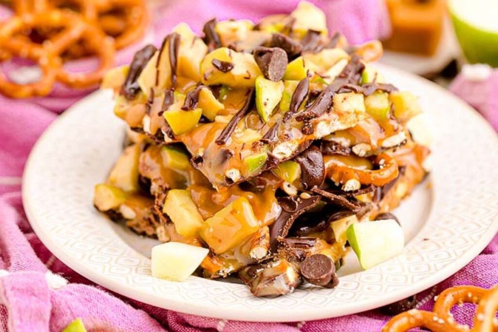 Easy Caramel Pretzel Apple Bark.