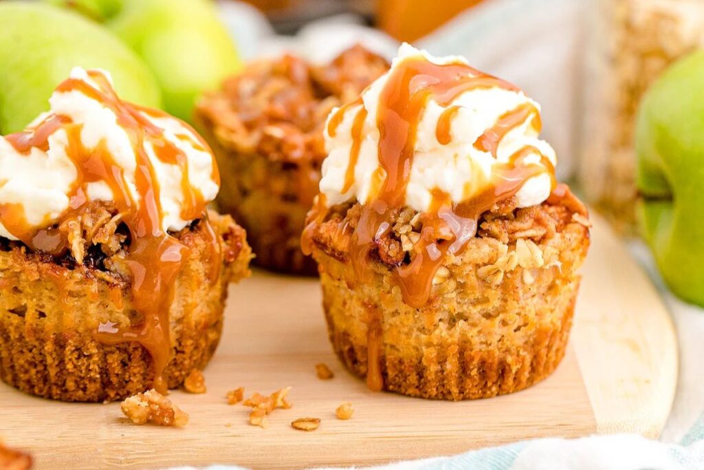 Mini Caramel Apple Cheesecakes with Streusel Topping.